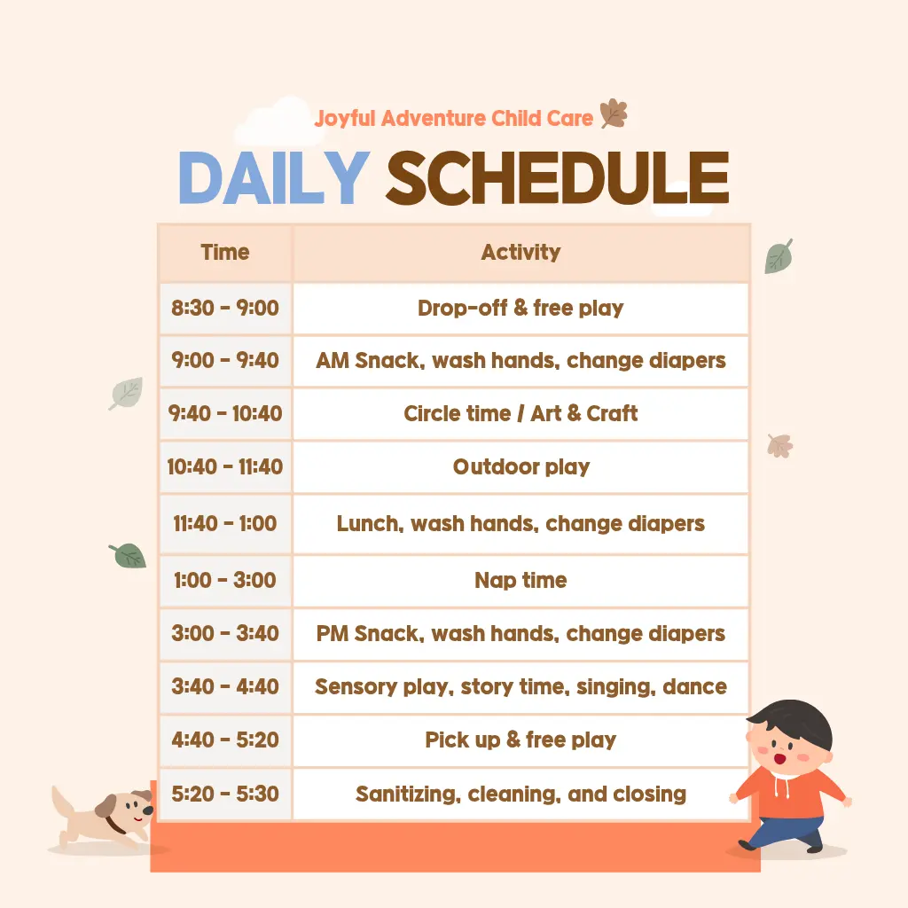 Joyful Adventure Child Care Burnaby daily schedule for children